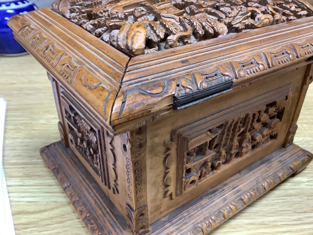 Three 19th century Chinese carved sandalwood caskets, longest 19cm